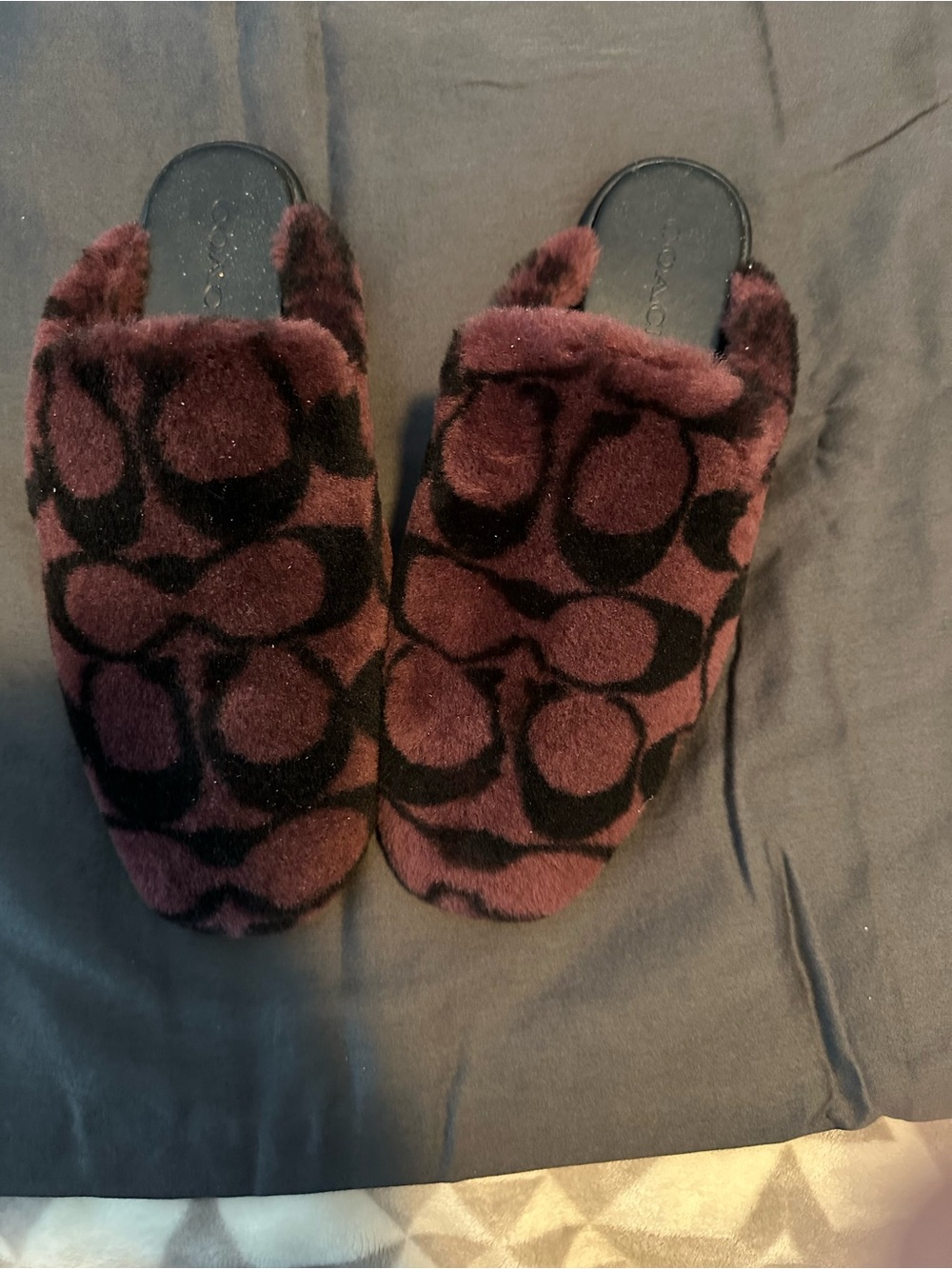 Coach Burgundy and Black Shearling Slide Slippers - Picture 2 of 7
